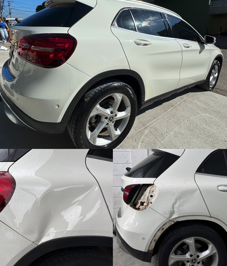 Mercedes GLA branco perolizado: lateral traseira amassada embaixo e recuperada em cima