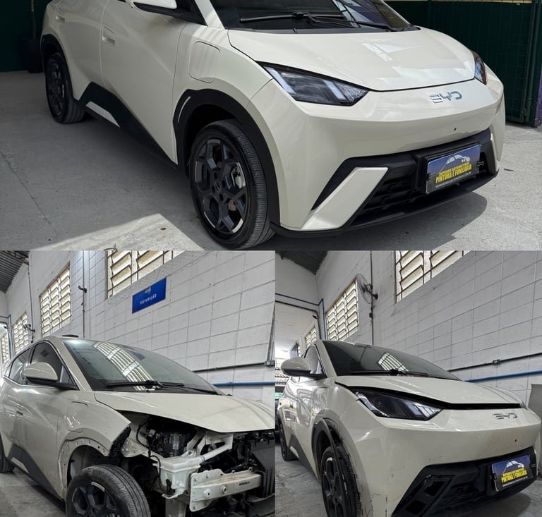 Veículo elétrico BYD antes, durante e depois do reparo de carroceria