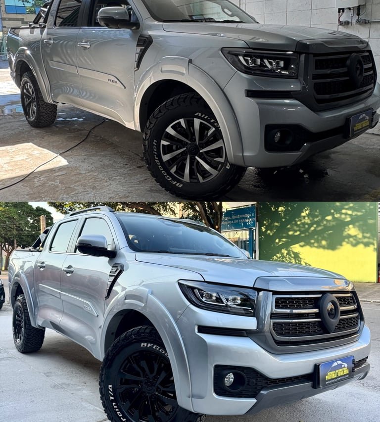 Picape com rodas e detalhes personalizados antes e depois do serviço