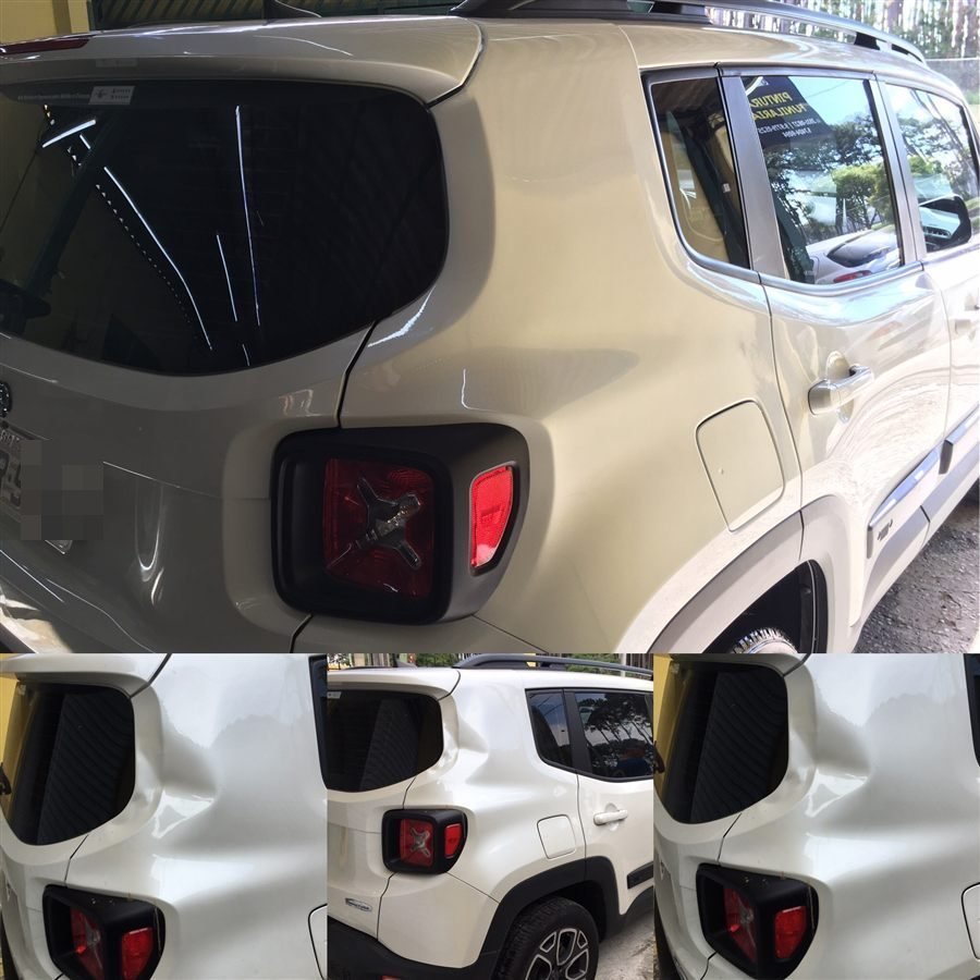 Jeep Renegade branco com a lateral traseira amassada, antes e depois do reparo