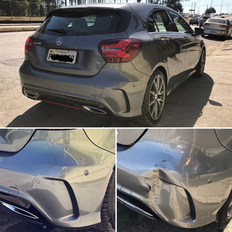 Para-choque traseiro de Mercedes A250 rasgado, antes e depois da recuperação