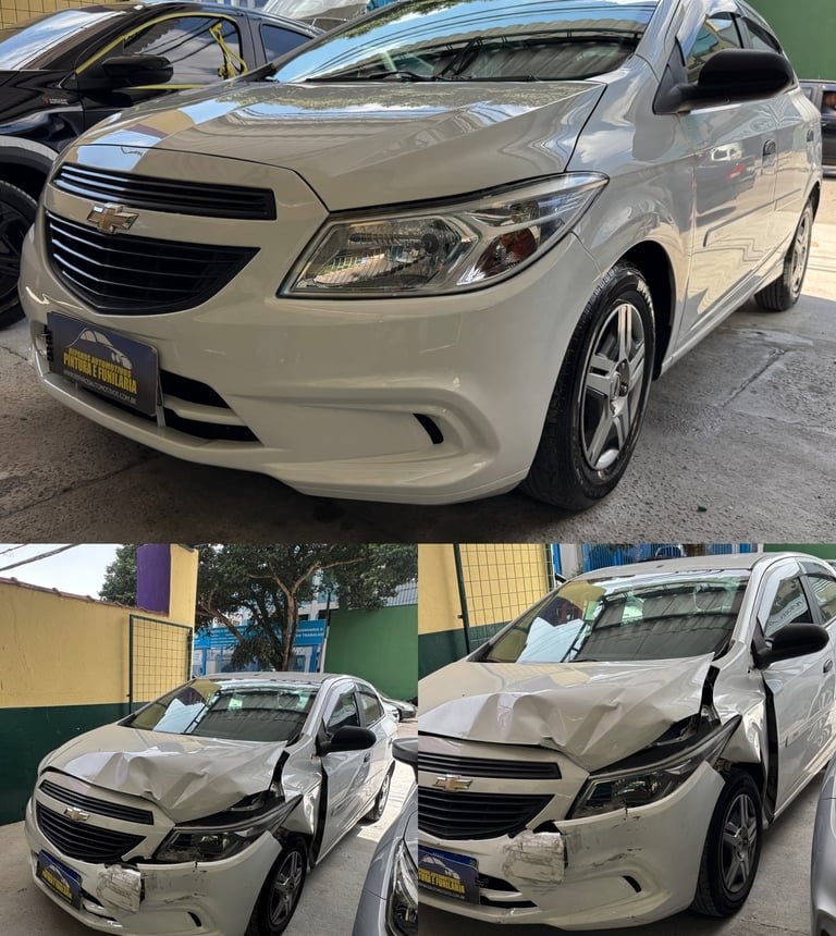 Chevrolet Onix branco antes e depois do reparo: frente destruída embaixo, recuperada em cima