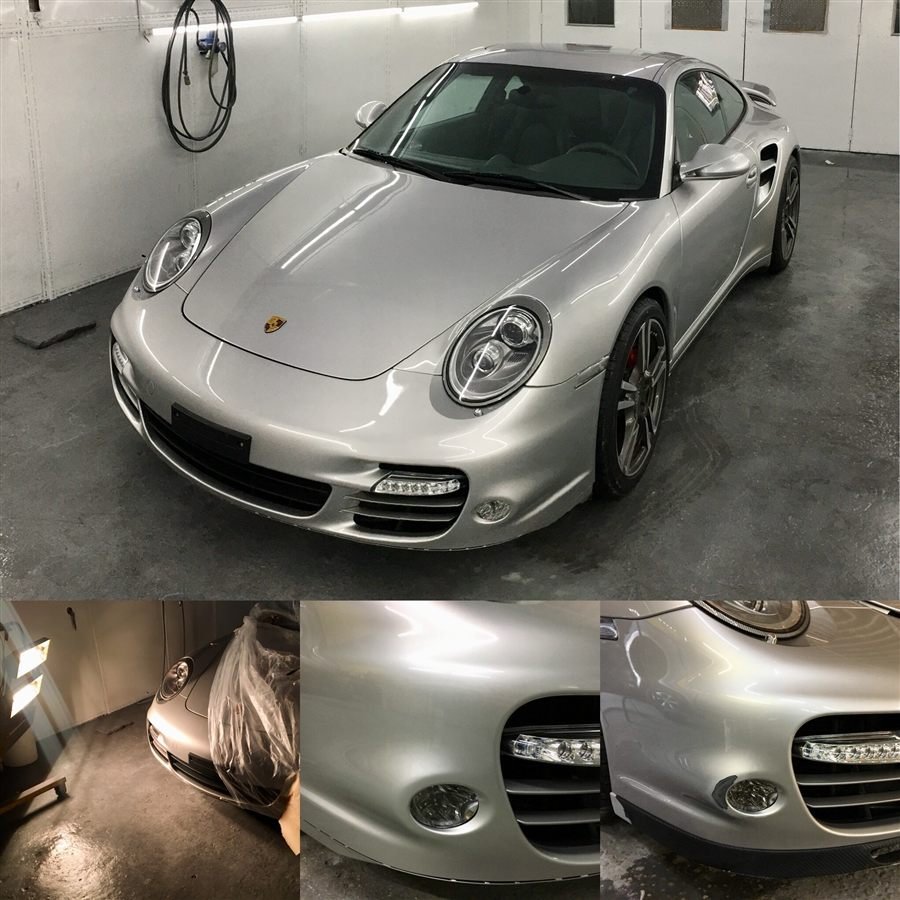 Para-choque de Porsche em retoque de pintura, antes e depois