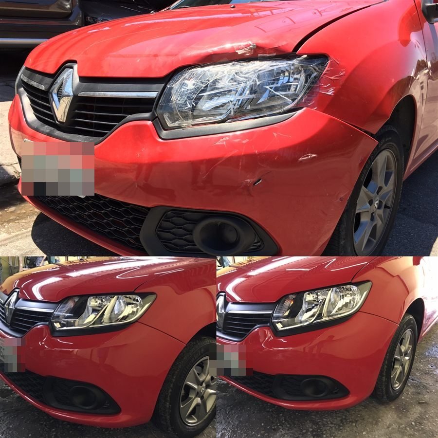 Renault Sandero vermelho com a frente amassada, antes e depois do reparo de funilaria